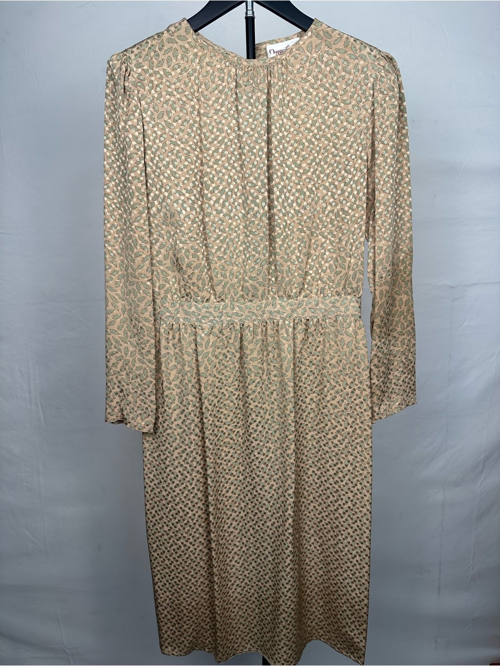 Vintage Maggy London 100% Silk Prairie Midi Dress Beige Sage Floral Size 8 - Picture 2 of 7